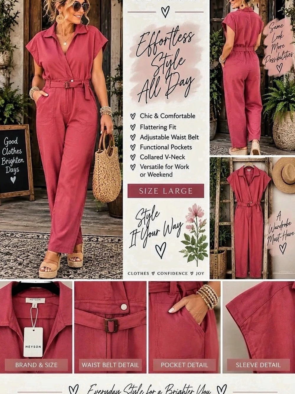 HEYSON Effortless Style All Day Belted Jumpsuit Pink Large